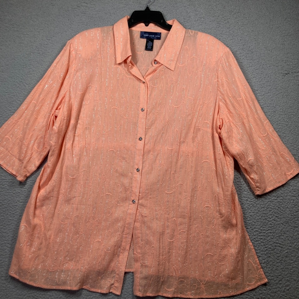 Susan Graver Style Button Shirt Womens 2X Peach Floral Metallic 3/4 Sleeve Sheer